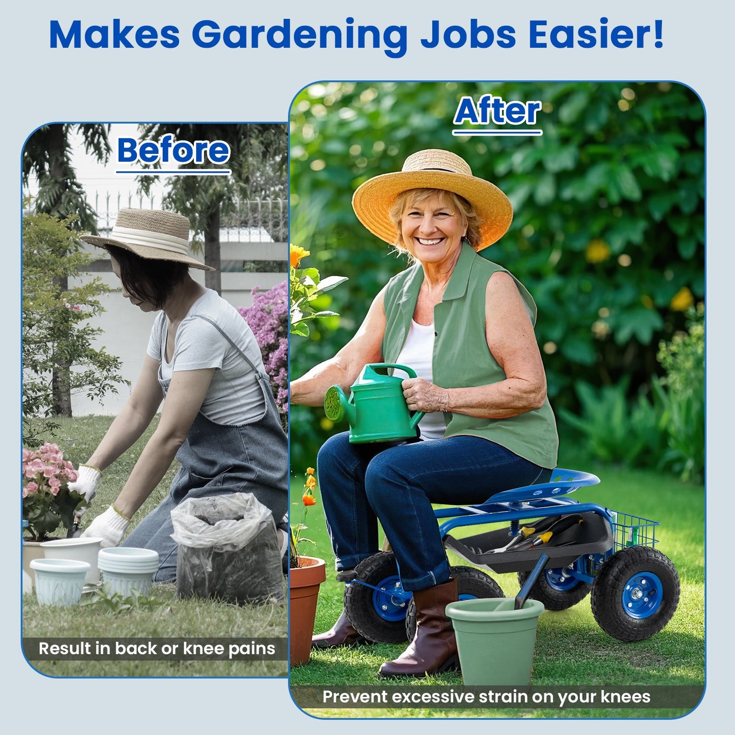 Rolling Garden Seat with Tool Tray & Storage Basket