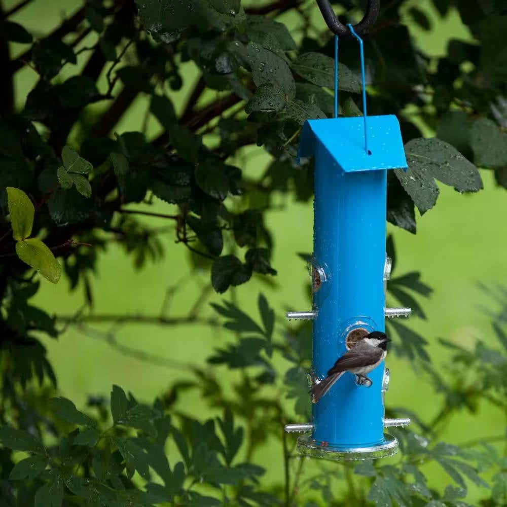 Blue Metal Tube Bird Feeder – 6-Port Outdoor Favorite