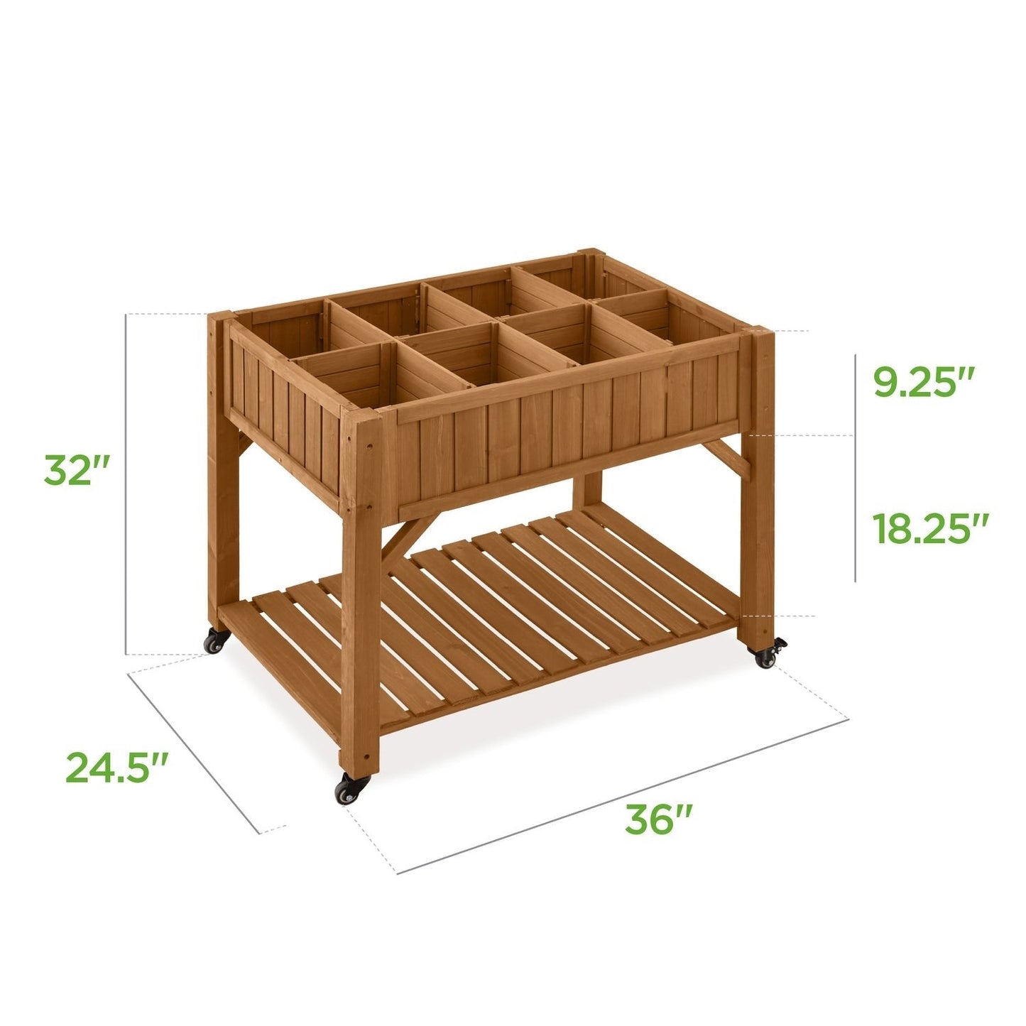 Elevated Fir Wood Wheeled Planter Garden with 8 Compartments