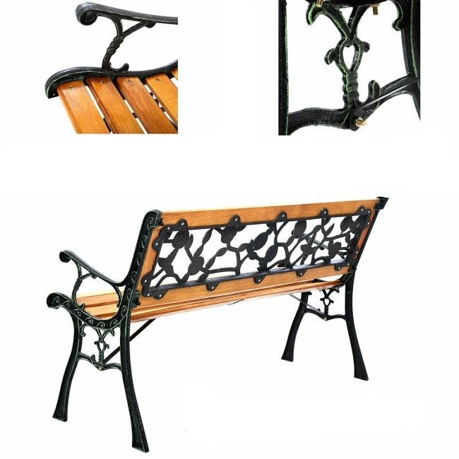 Floral Outdoor Patio Garden Bench with Cast Iron Frame