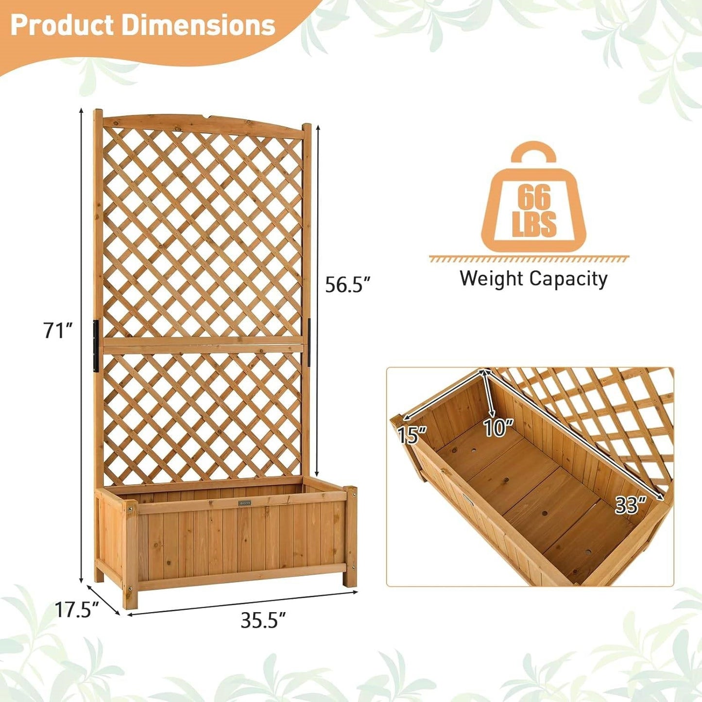 Raised Garden Bed with 71" Trellis – Natural Fir Wood Planter