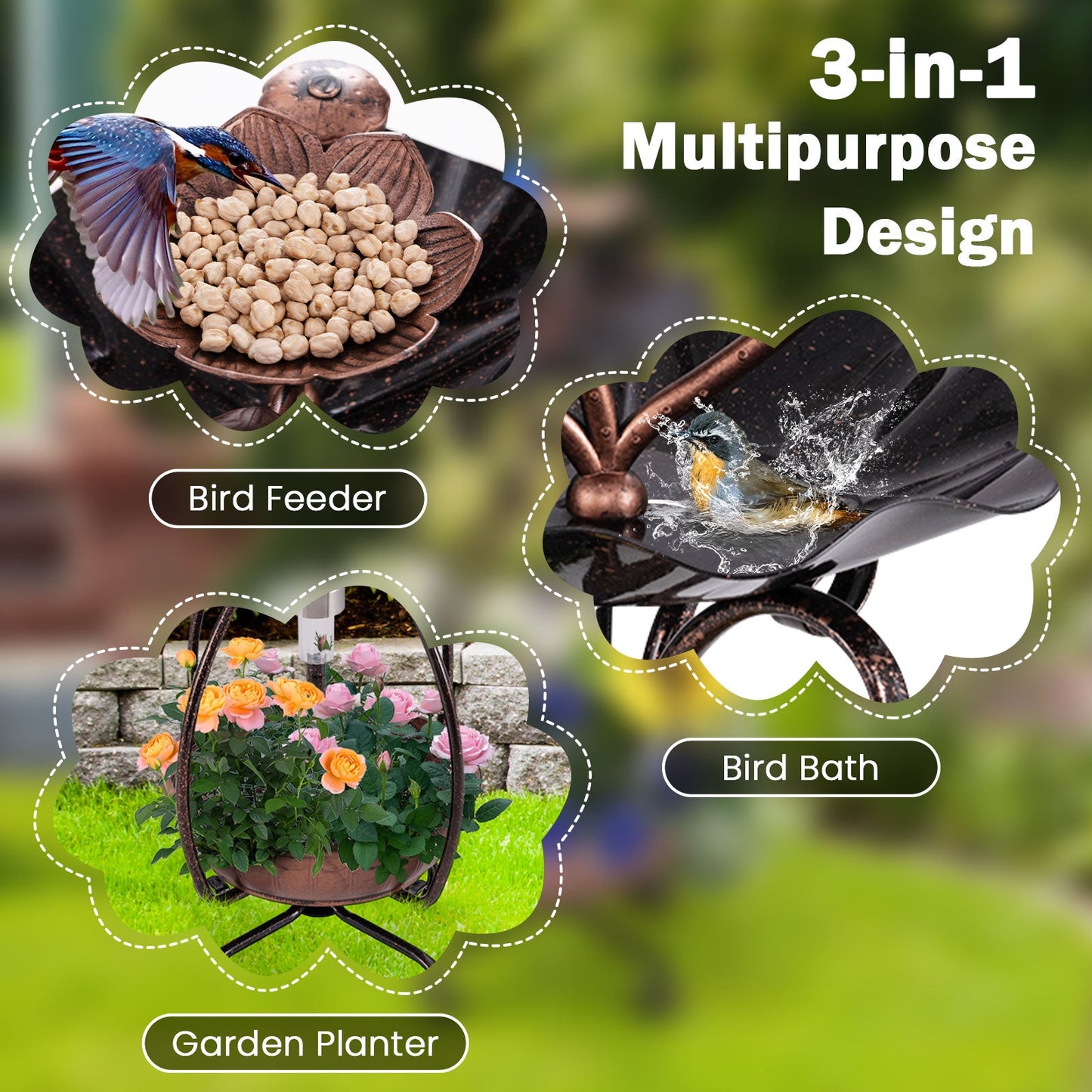 Solar Bird Bath Feeder & Planter | 3-in-1 Solar Garden Decor for Birds