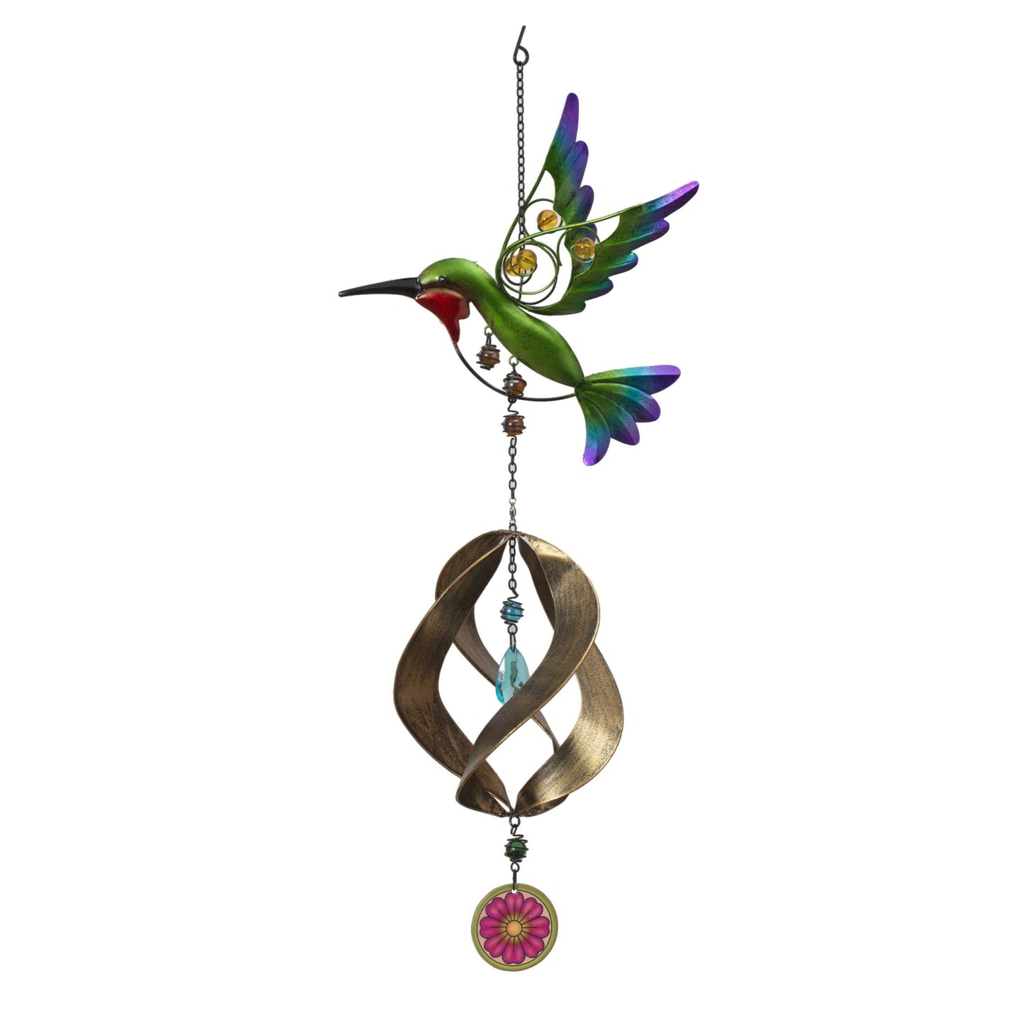 Whimsical Metal Hanging Hummingbird Spinner with Colorful Glass Beads – 36.7” Garden Décor