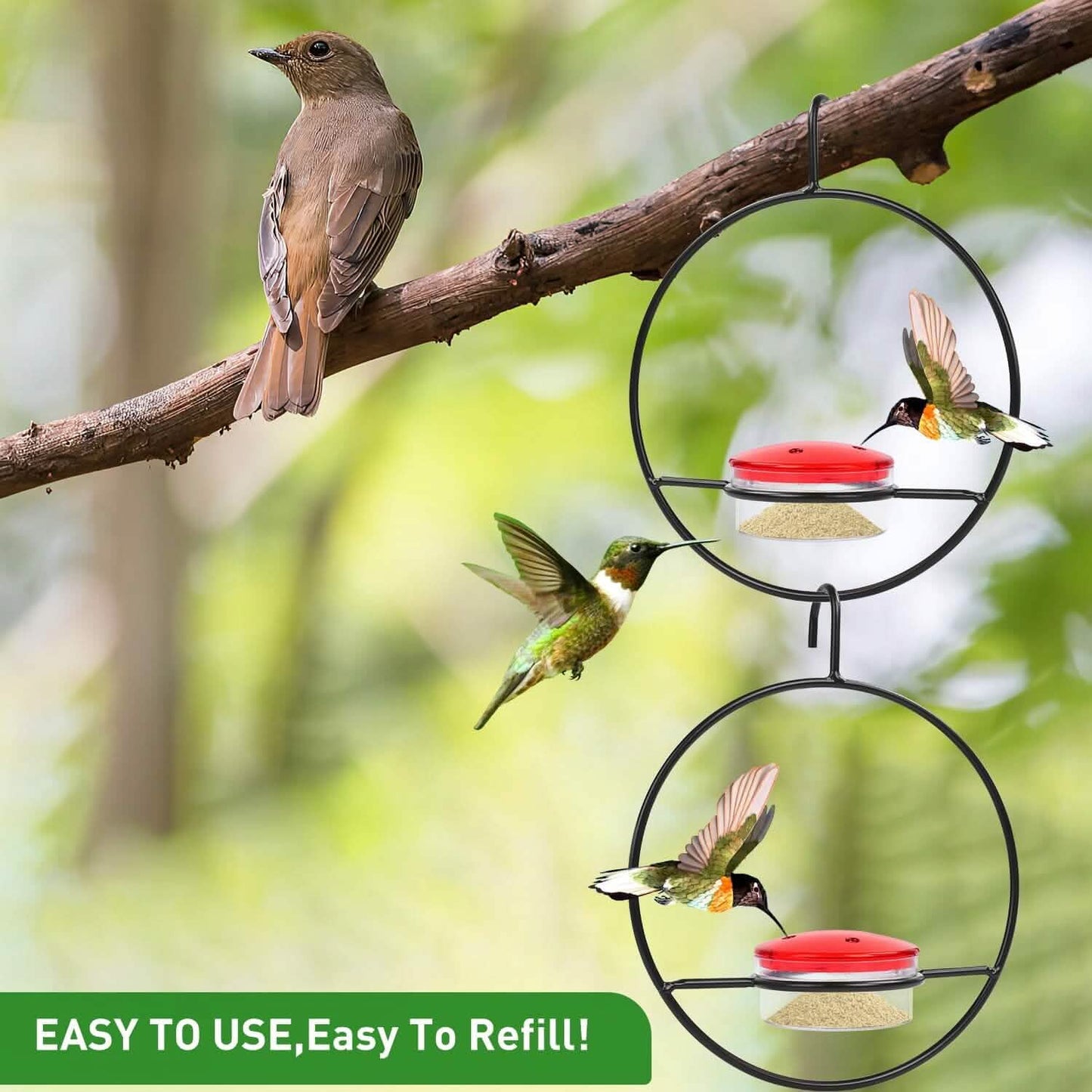 3-Piece Stackable Hanging Hummingbird Feeder – Metal Frame with Red Bowls
