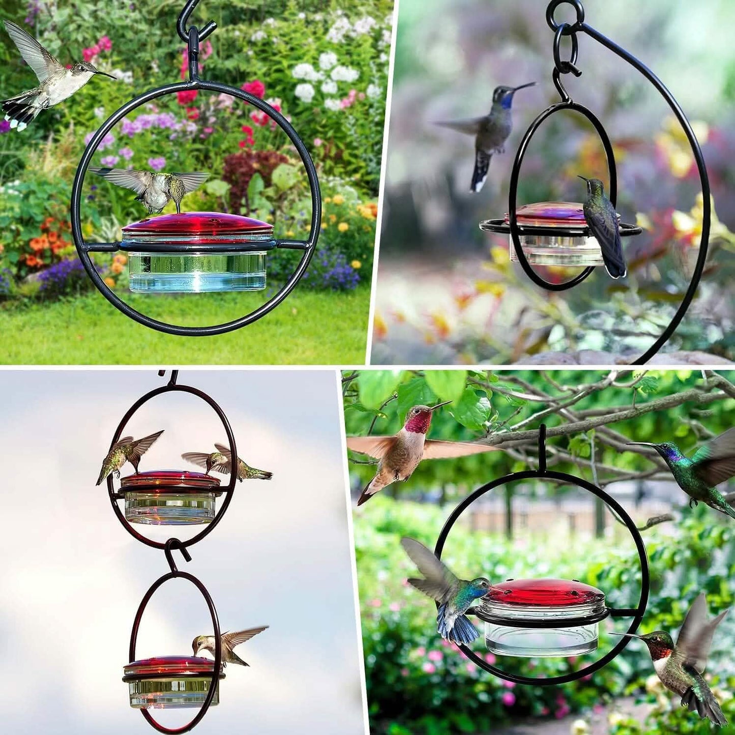 3-Piece Stackable Hanging Hummingbird Feeder – Metal Frame with Red Bowls