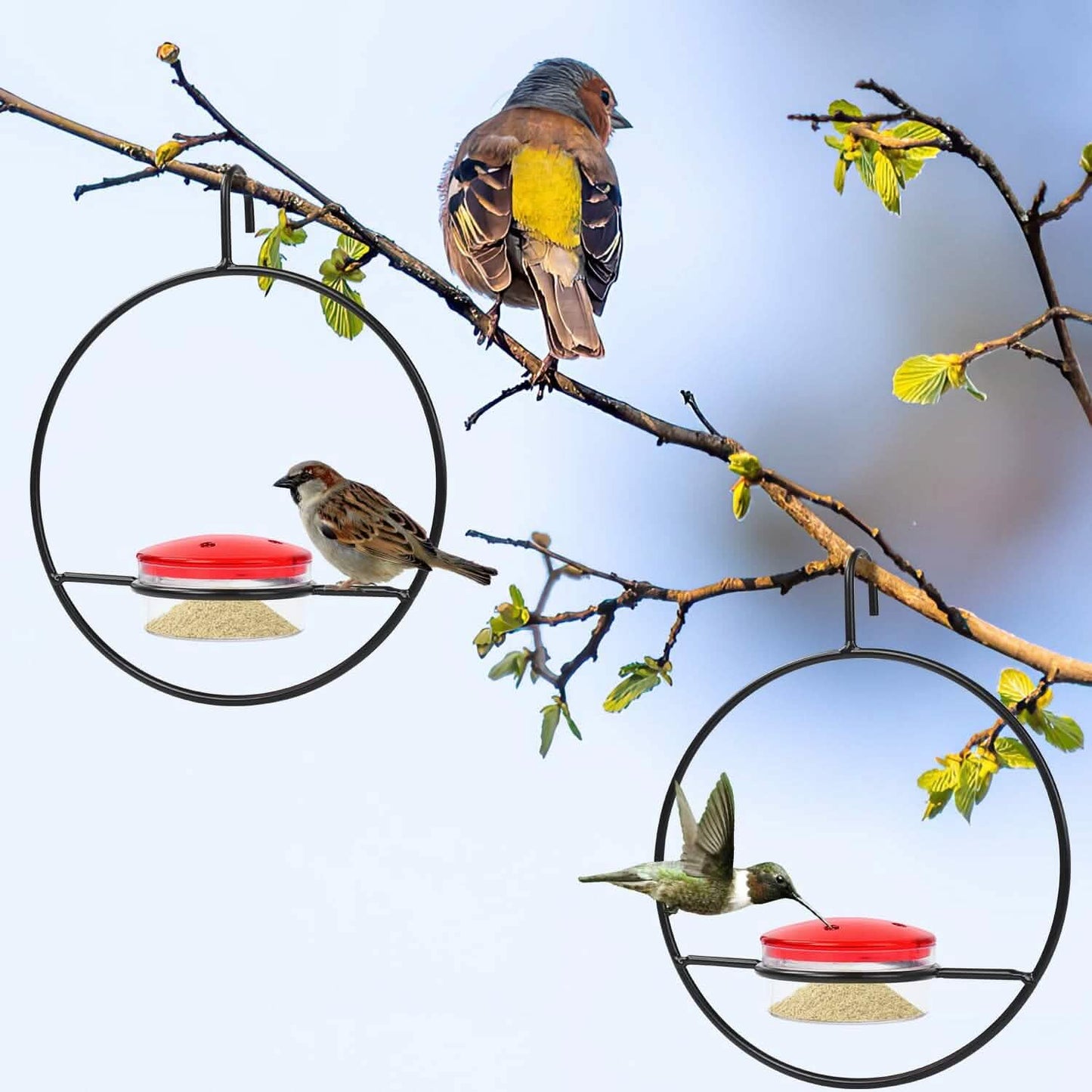3-Piece Stackable Hanging Hummingbird Feeder – Metal Frame with Red Bowls