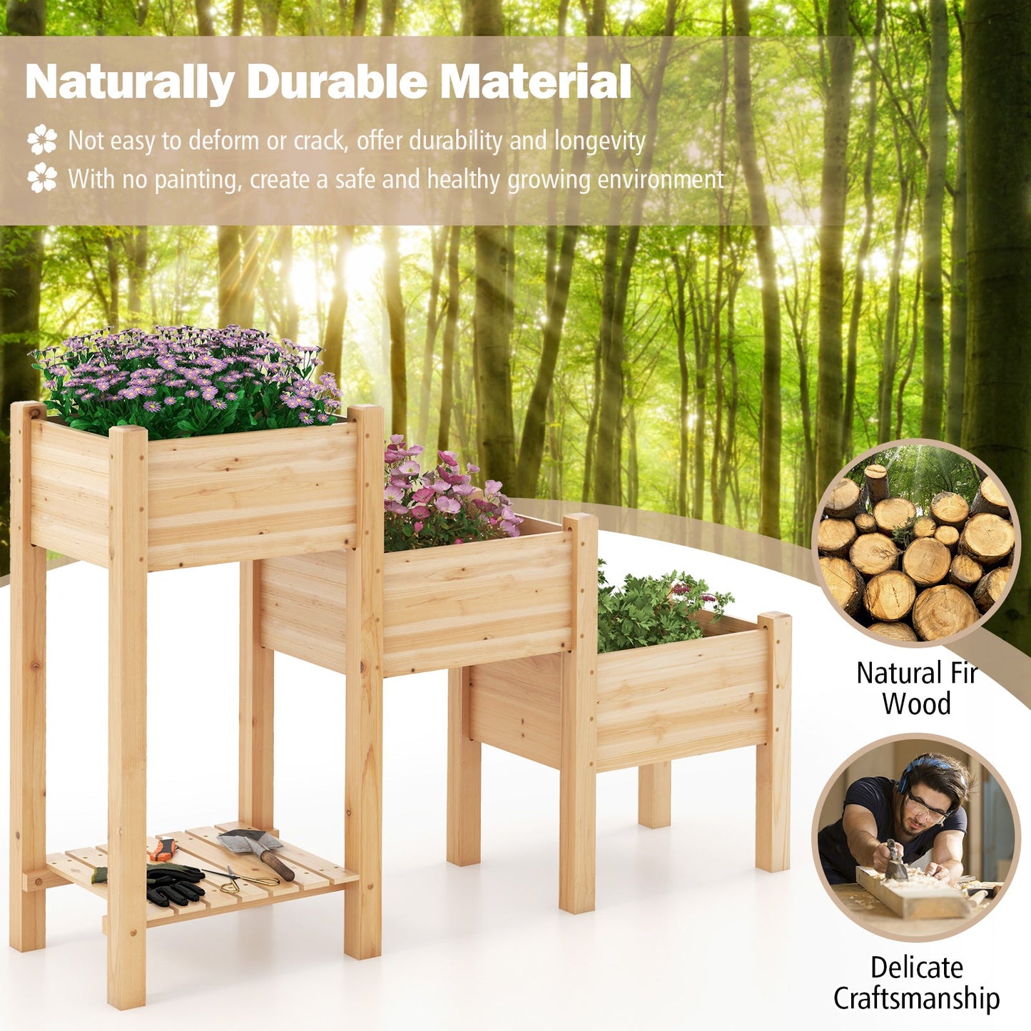Wooden Raised Garden Bed with Storage Shelf & 3 Planter Boxes