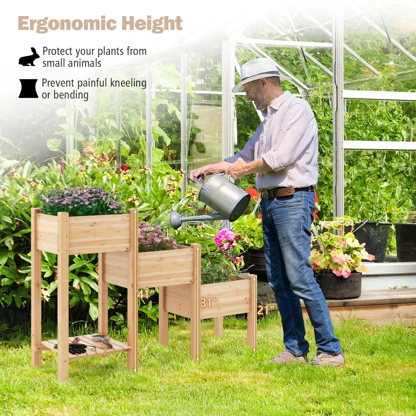 Wooden Raised Garden Bed with Storage Shelf & 3 Planter Boxes