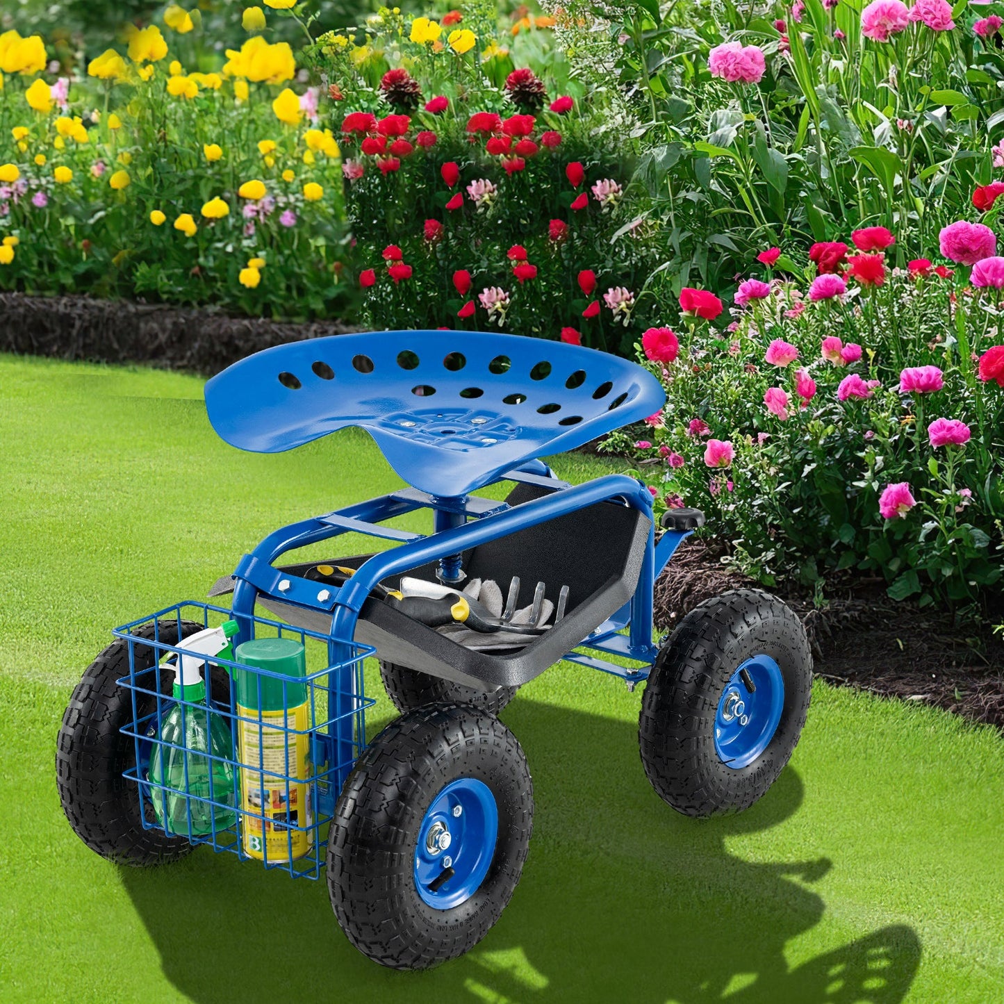 Rolling Garden Seat with Tool Tray & Storage Basket