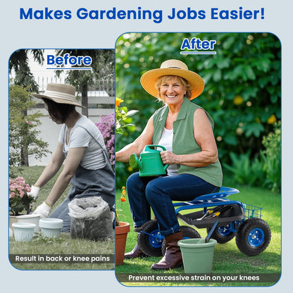 Rolling Garden Seat with Tool Tray & Storage Basket