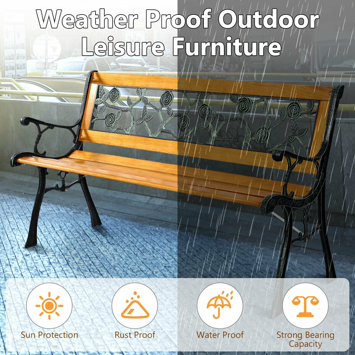 Elegant Cast Iron & Wood Outdoor Garden Bench – Durable 3-Seat Comfort