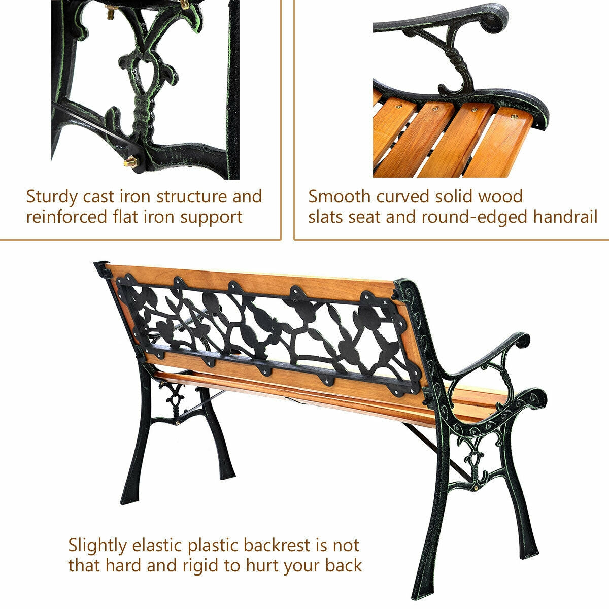 Elegant Cast Iron & Wood Outdoor Garden Bench – Durable 3-Seat Comfort