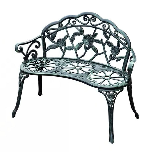 40-Inch Antique Green Metal Garden Bench with Backrest – Elegant Outdoor Seating