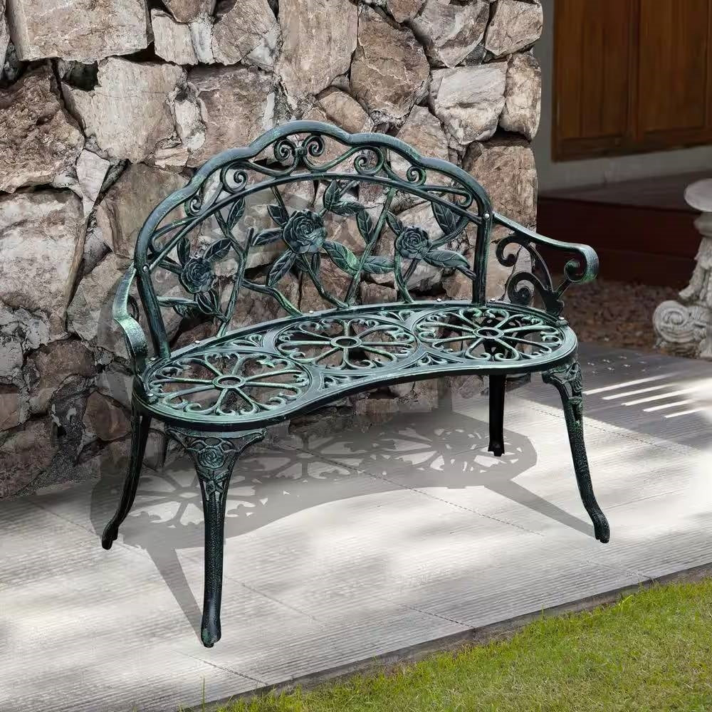 40-Inch Antique Green Metal Garden Bench with Backrest – Elegant Outdoor Seating