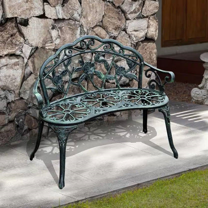 40-Inch Antique Green Metal Garden Bench with Backrest – Elegant Outdoor Seating