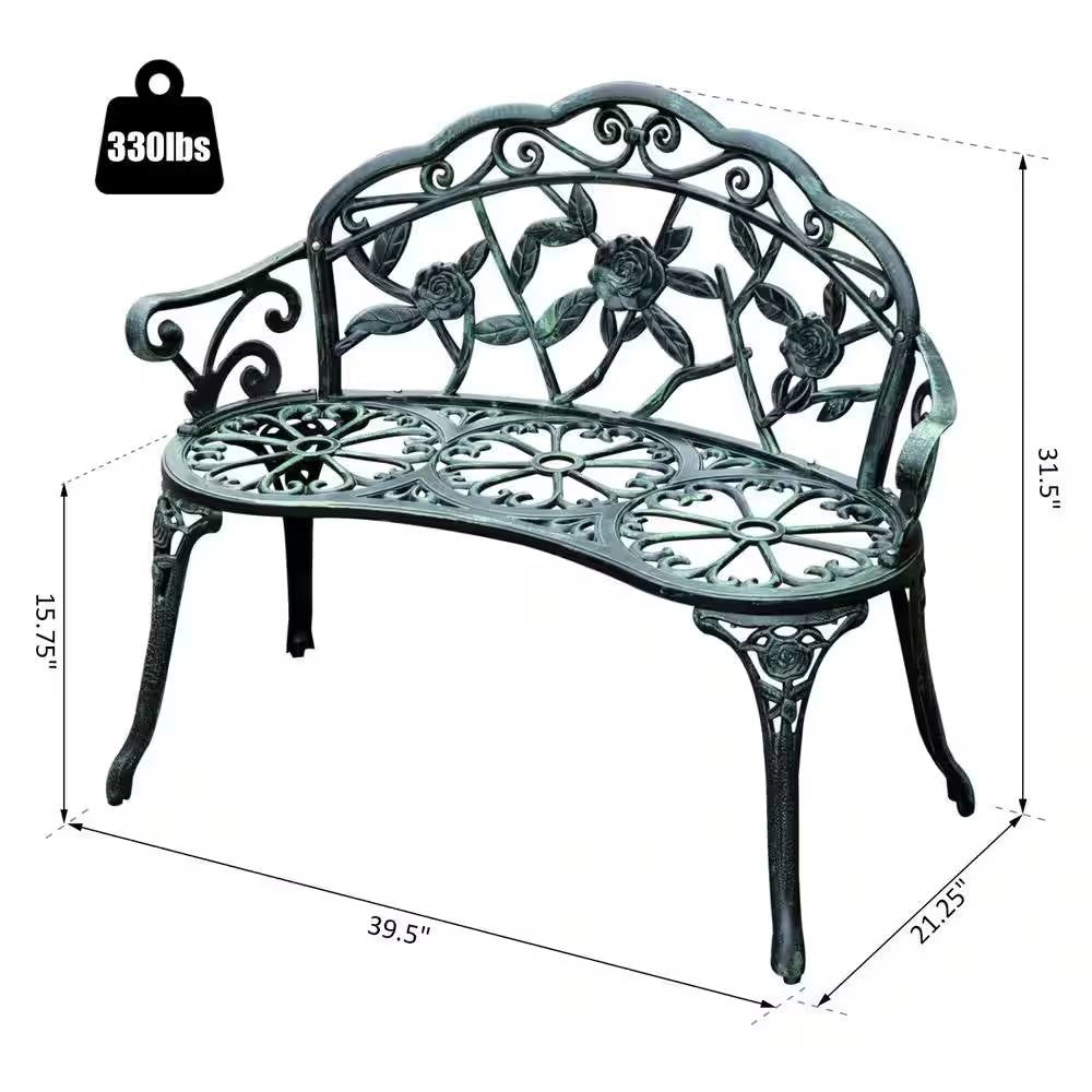 40-Inch Antique Green Metal Garden Bench with Backrest – Elegant Outdoor Seating