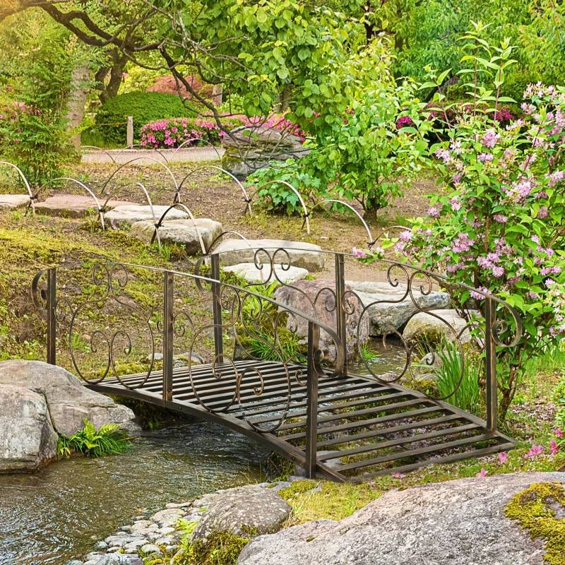 6-ft Vintage Bronze Garden Bridge with Side Rails | Outdoor Arch Bridge