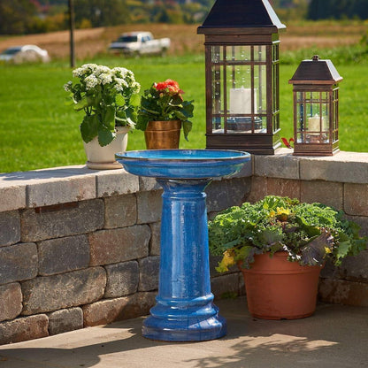 Blue Ceramic Traditional Birdbath