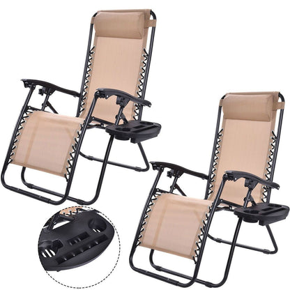 Set of 2 Beige Zero Gravity Folding Lounge Chairs – Adjustable Outdoor Recliners