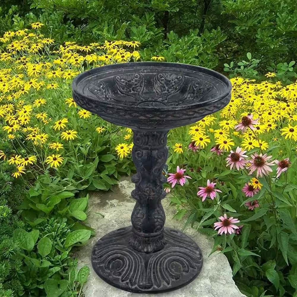 Fiberglass Stone Bird Bath – Black Charcoal Classic Garden Accent