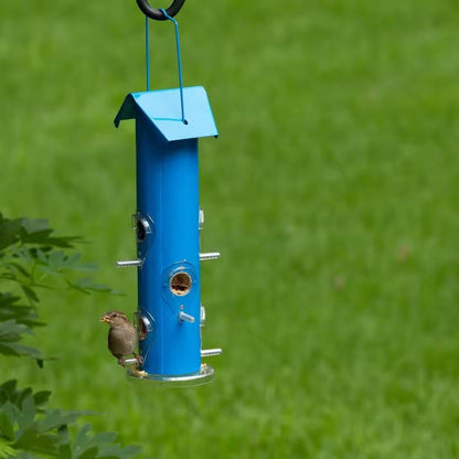 Blue Metal Tube Bird Feeder – 6-Port Outdoor Favorite