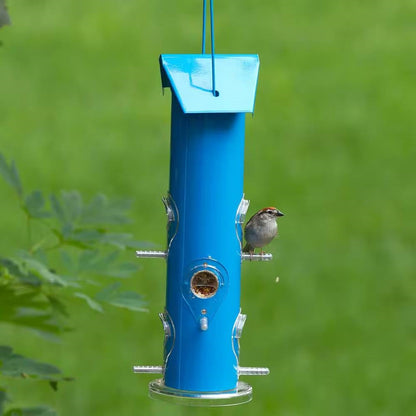 Blue Metal Tube Bird Feeder – 6-Port Outdoor Favorite
