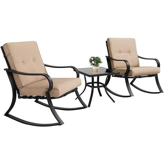 3-Piece Outdoor Patio Rocking Chair Set with Beige Cushions – Bistro Table & Seating