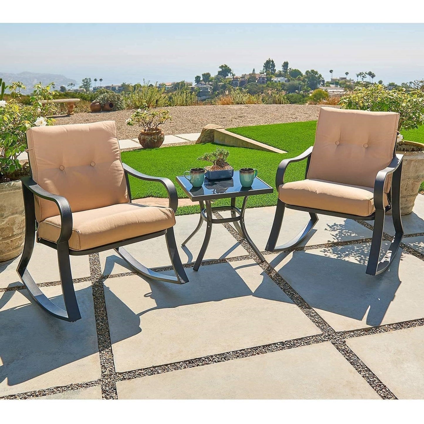 3-Piece Outdoor Patio Rocking Chair Set with Beige Cushions – Bistro Table & Seating