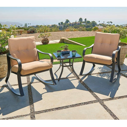 3-Piece Outdoor Patio Rocking Chair Set with Beige Cushions – Bistro Table & Seating