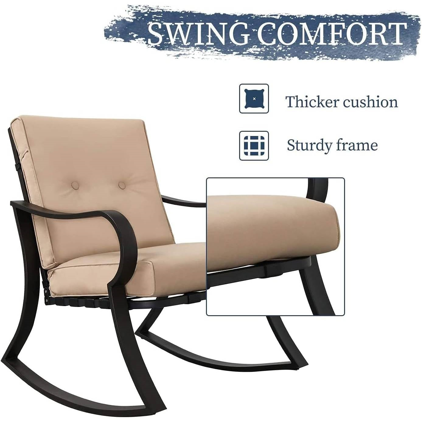 3-Piece Outdoor Patio Rocking Chair Set with Beige Cushions – Bistro Table & Seating