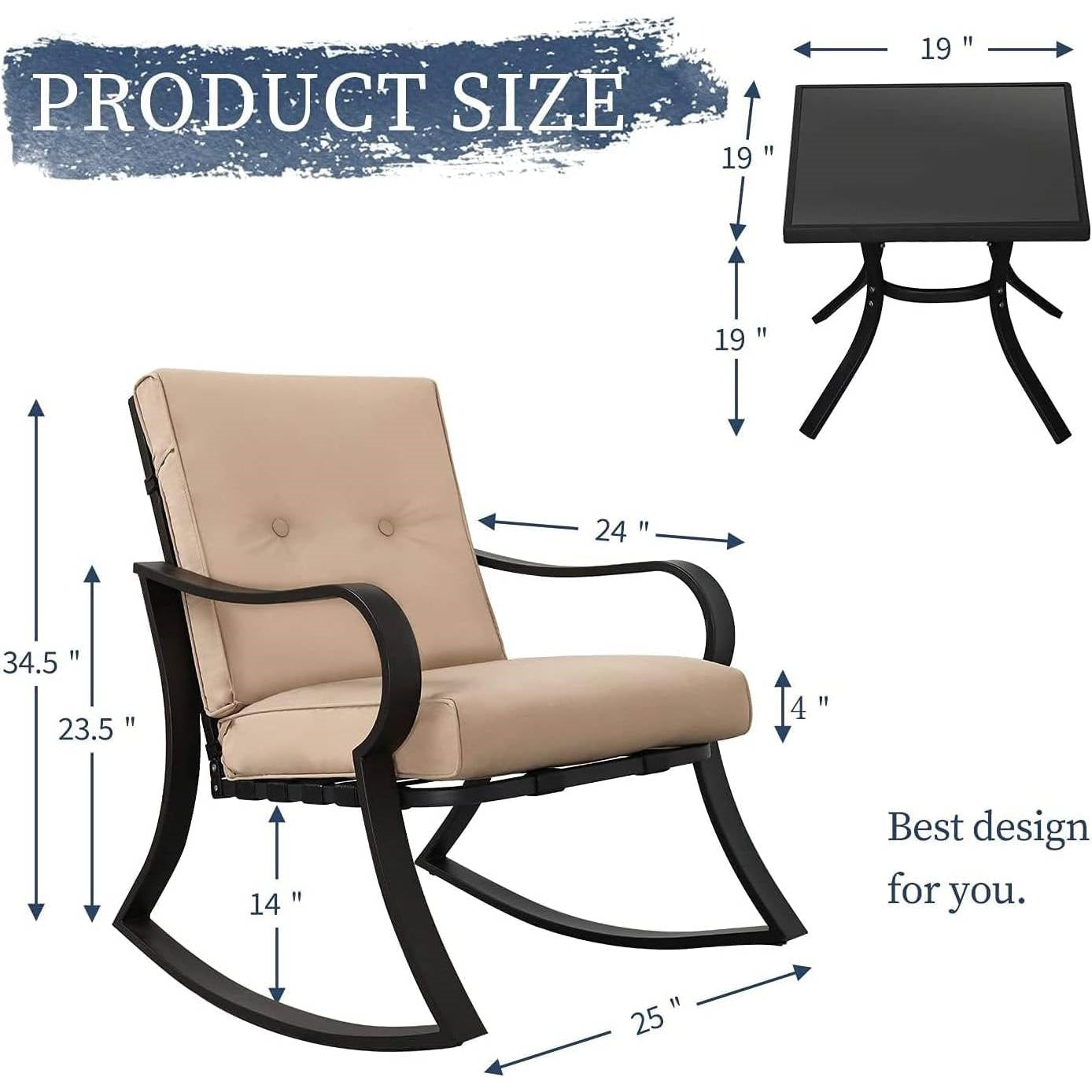3-Piece Outdoor Patio Rocking Chair Set with Beige Cushions – Bistro Table & Seating