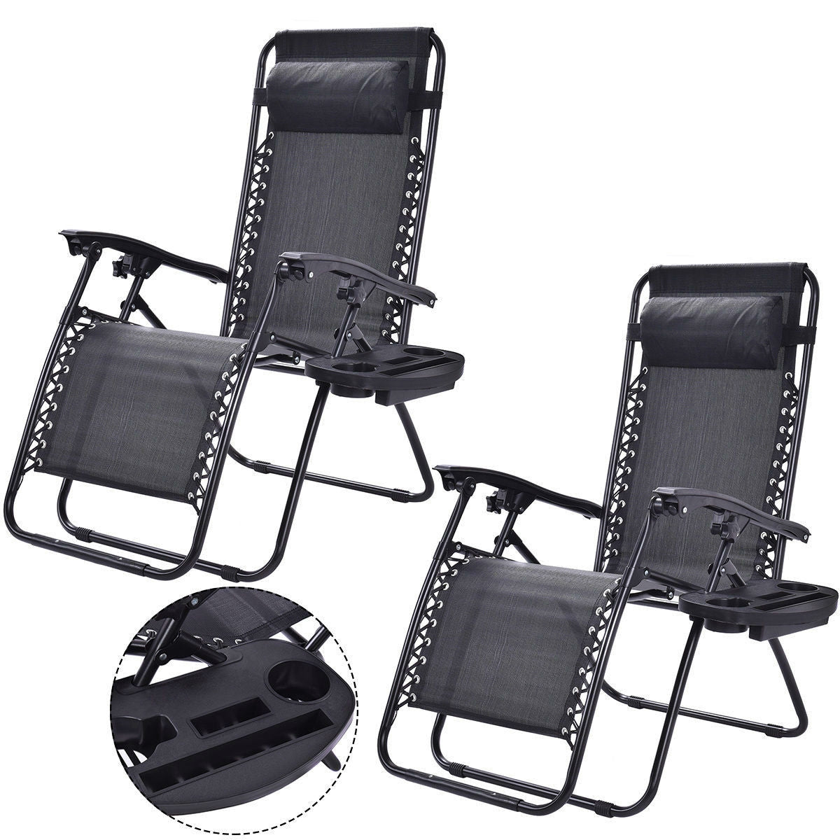 Set of 2 Black Folding Outdoor Zero Gravity Lounge Chair Recliners
