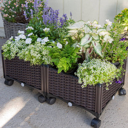 Modern 2-Piece Raised Garden Planter Box Set with Wheels (PP Rattan)