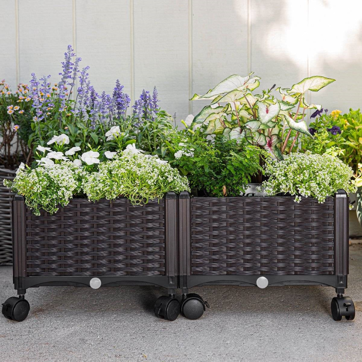 Modern 2-Piece Raised Garden Planter Box Set with Wheels (PP Rattan)