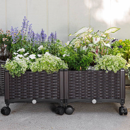 Modern 2-Piece Raised Garden Planter Box Set with Wheels (PP Rattan)