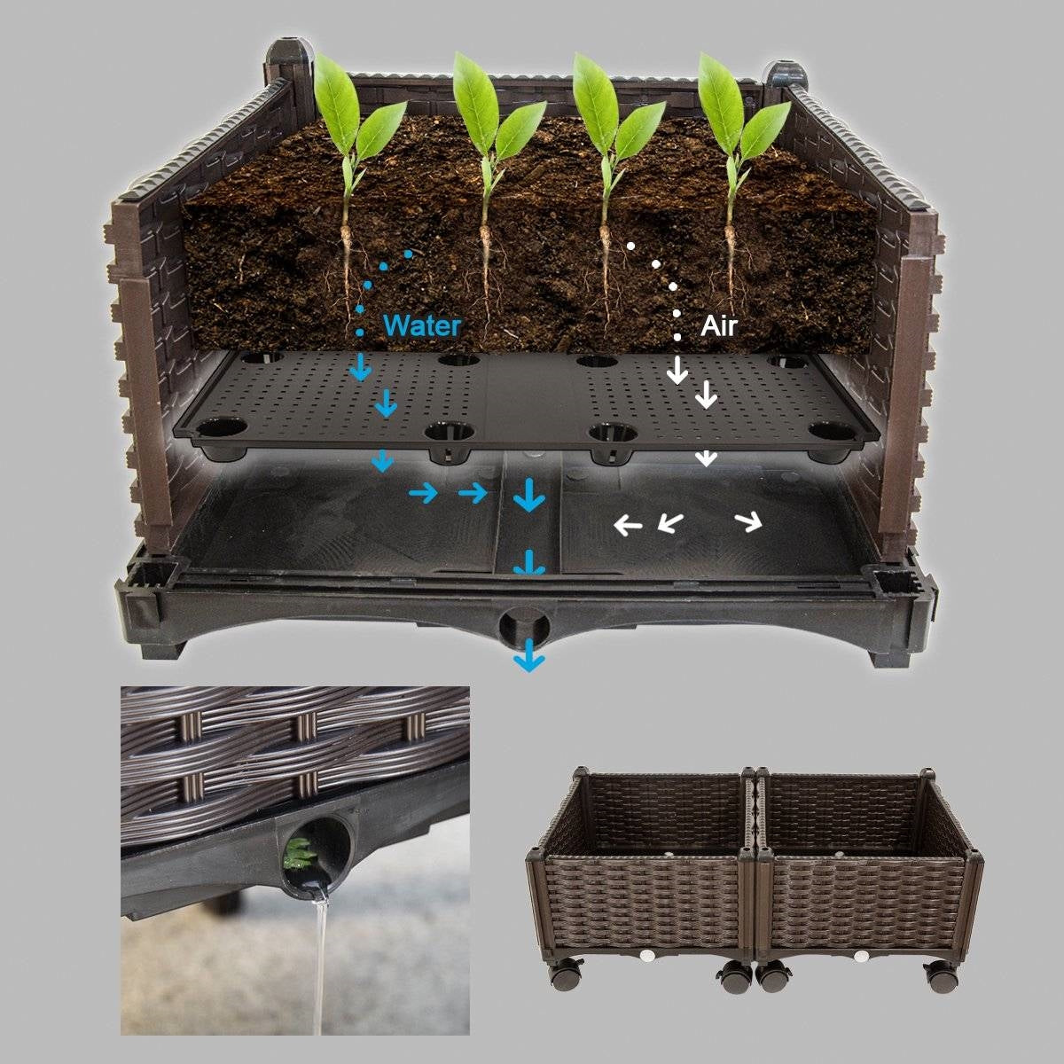 Modern 2-Piece Raised Garden Planter Box Set with Wheels (PP Rattan)