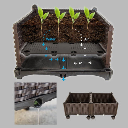 Modern 2-Piece Raised Garden Planter Box Set with Wheels (PP Rattan)