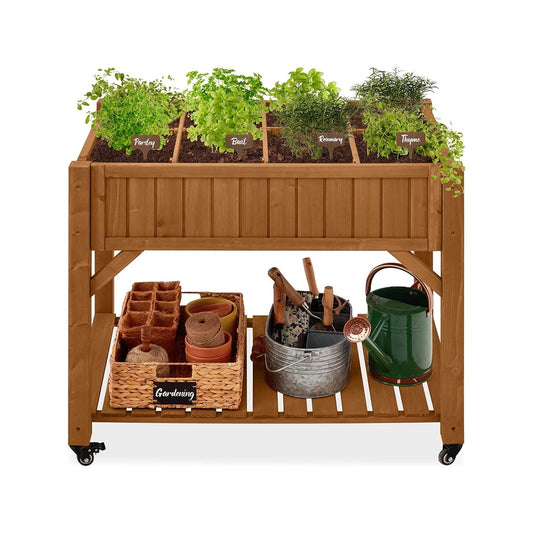 Elevated Fir Wood Wheeled Planter Garden with 8 Compartments