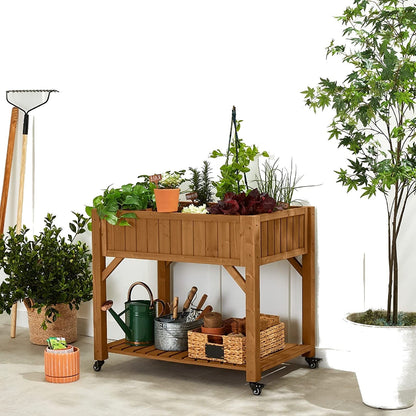Elevated Fir Wood Wheeled Planter Garden with 8 Compartments