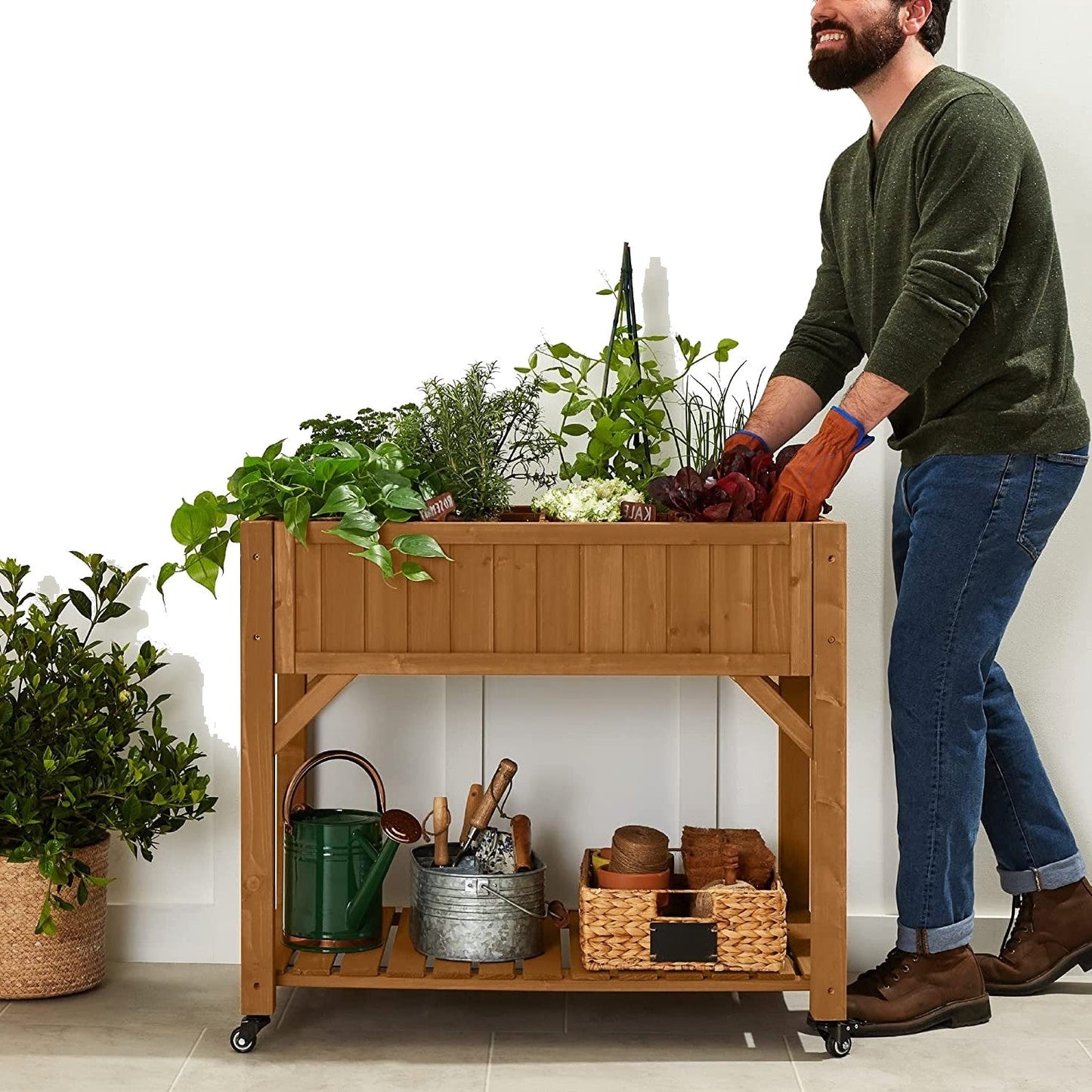 Elevated Fir Wood Wheeled Planter Garden with 8 Compartments