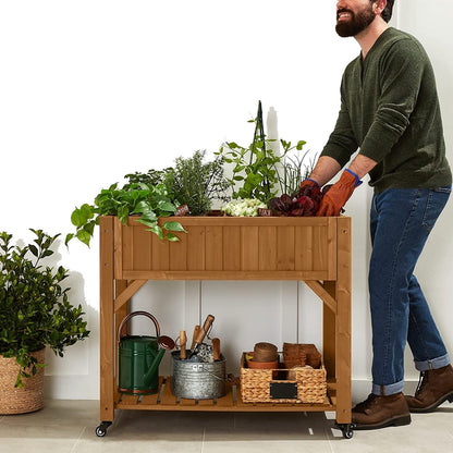 Elevated Fir Wood Wheeled Planter Garden with 8 Compartments