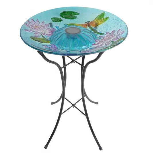 Solar Glass Bird Bath with Metal Stand – Dragonfly Garden Accent
