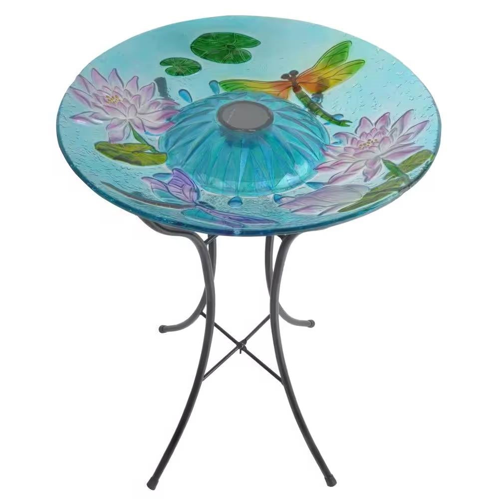 Solar Glass Bird Bath with Metal Stand – Dragonfly Garden Accent