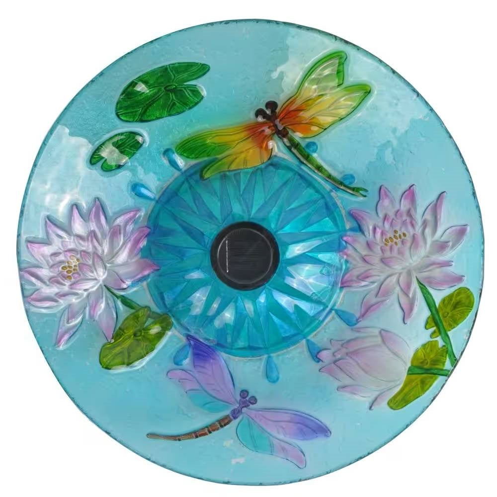 Solar Glass Bird Bath with Metal Stand – Dragonfly Garden Accent
