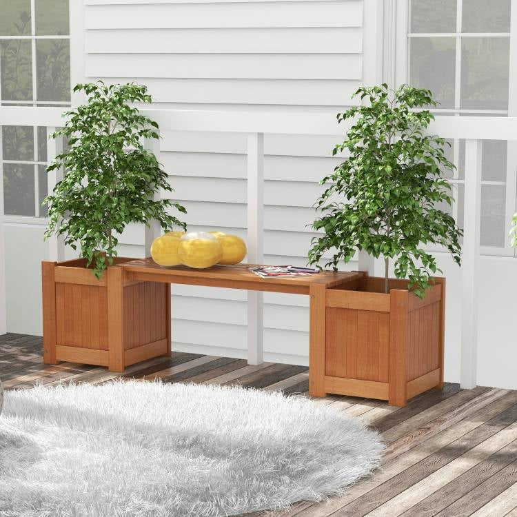 Farmhouse Hardwood Planter Bench with Dual Planter Boxes