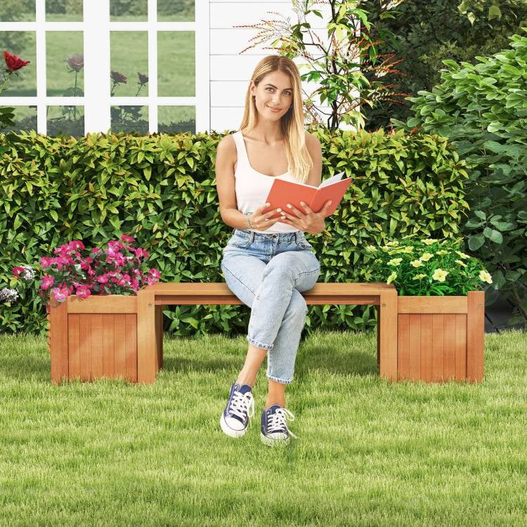 Farmhouse Hardwood Planter Bench with Dual Planter Boxes