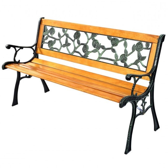 Floral Outdoor Patio Garden Bench with Cast Iron Frame