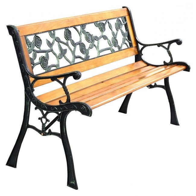 Floral Outdoor Patio Garden Bench with Cast Iron Frame