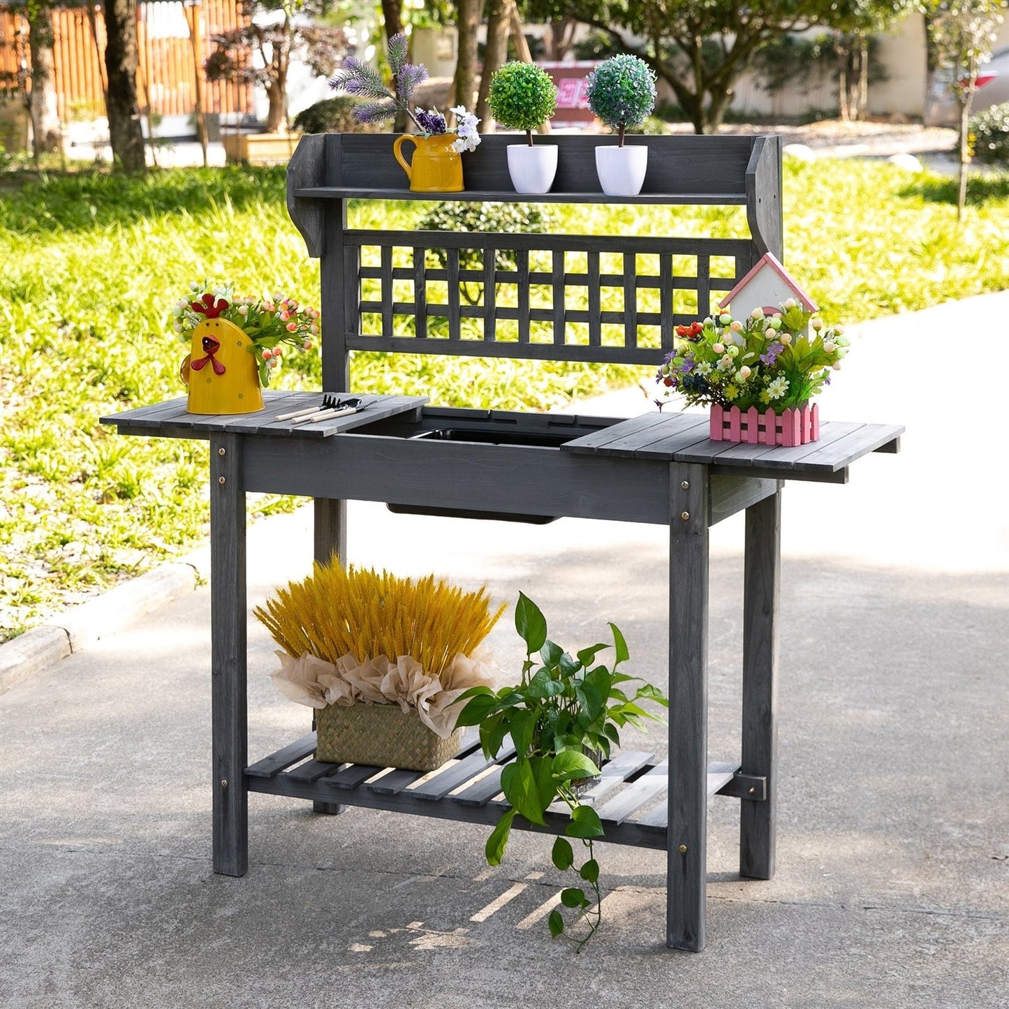 Wooden Potting Bench with Expandable Top & Sink