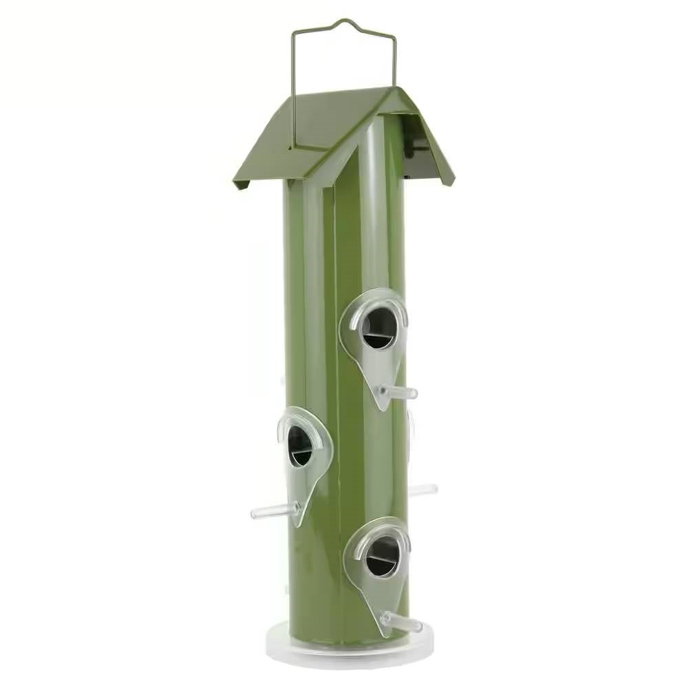 Olive Green Metal Tube Bird Feeder – 6-Port Outdoor Favorite